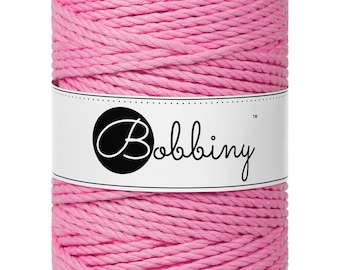 Bobbiny Bubblegum Pink 3ply Macrame Rope 5mm, 108 yards (100 meters) - 3-strand macrame rope, certified recycled macrame rope