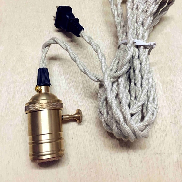 4.5m Ivory Electric Fabric Flex Cable US Plug In Pendant Lamp Light E27 Brass Bulb Holder switch