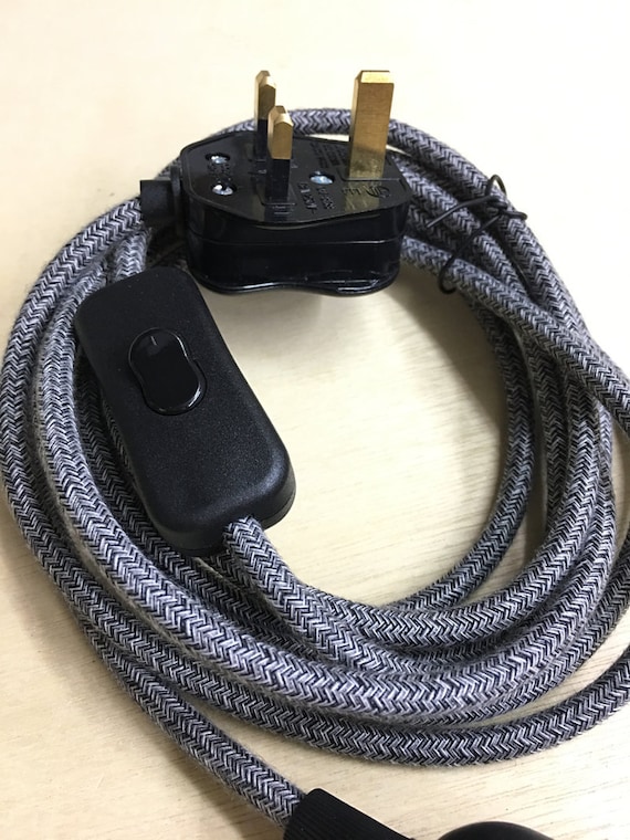 switch 3M Gray Fabric Flex Cable UK Plug In Pendant Lamp Light  E27 Bulb Holder 