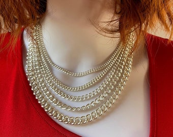 Multi Chain Choker Necklace | Silver Plated Brass  Layered Curb Chain Multi Strand Bib Necklace | Mixed weight round Curb Chain Choker