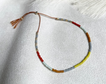 Silk thread beaded bracelet w/ Gold Fill Beads | Tiny Miyuki Colorful Minimalist Adjustable Earth tone Bead Silk Friend Bracelet