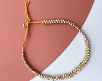 Beaded Anklet Bracelet, Sterling Silver ball Silver Czech Glass Seed Bead Anklet| Beachy Tangerine Orange Hemp Delicate Body Jewelry Anklet