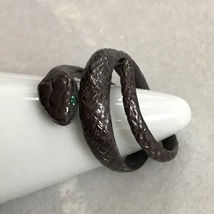 Oxidized Solid Handmade Coiled Serpent Ring Gemstone Set Eyes