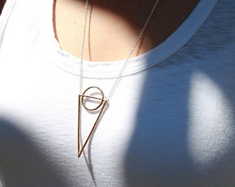 Minimal Circle Triangle Pendant | Long Geometric Phases of the Moon Necklace | Unique Long Merging Shapes Necklace