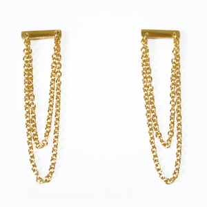 Gold Bar Studs and Chain Studs / Hammered Bar w/ Double Chains Earrings / Handmade Dangly Chain Bar Stud Earrings / Minimal Bar Earrings