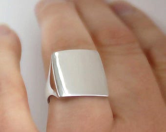 Smooth Rounded Squared Rectangular Sterling Silver Hand Carved Ring