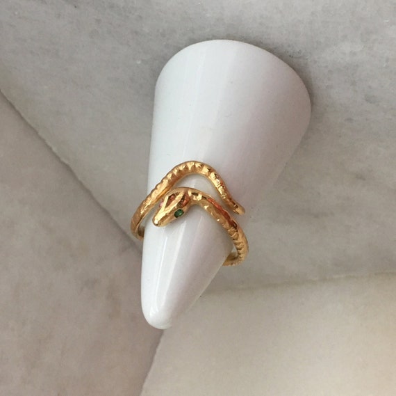 Skinny curved thin wrap around gold Serpent Ring Gemstone Eyes