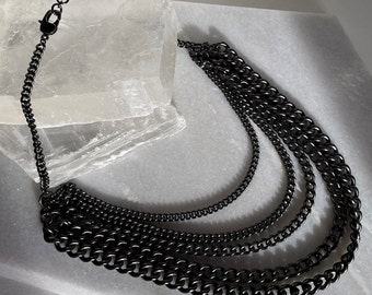 Multi Chain Choker Necklace | Gunmetal Plated Brass Layered Curb Chain Multi Strand Bib Necklace | Mixed weight round Curb Chain Choker