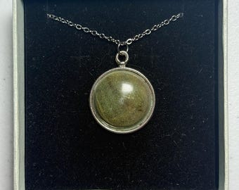 Pewter clock necklace with green maple cabochon