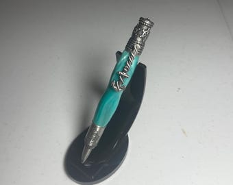 Nautical themed pewter pen with teal pearl acrylic barrel