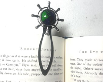 Chrome helm bookmark with green and purple cabochon