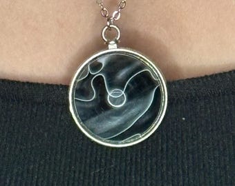 Pewter clock necklace with grey acrylic cobuchon.
