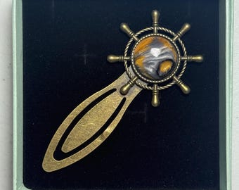 Brass helm bookmark with bronze and silver cabochon