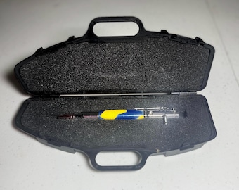Bolt-action rifle pen chrome with yellow and blue swirl pattern acrylic barrel