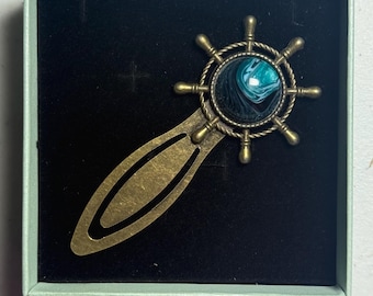 Brass helm bookmark with seafoam cabochon