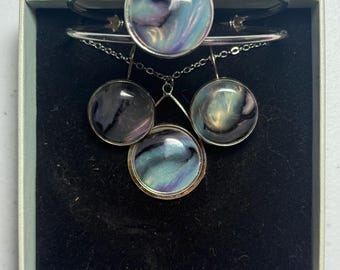 mother of pearl acrylic set in chrome pendant, bangle and earrings