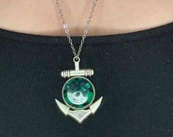Pewter anchor necklace w/ green cabochon