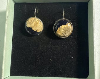 Chrome earrings with blue acrylic and maple burl cabochons