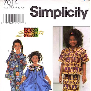 May include: A sewing pattern for children's clothing, Simplicity pattern number 7014, size BB 5, 6, 7, 8. The pattern includes three different styles: a blue dress with a white collar, a purple and gold skirt and top set, and a colorful patchwork dress and pants set.