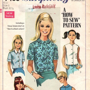 May include: A vintage sewing pattern for a 'How to Sew' pattern. The pattern is for a sleeveless blouse and a collared blouse with short sleeves. The pattern is for misses' sizes and young junior/teens' sizes. The pattern number is 7458.