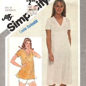 May include: Simplicity sewing pattern number 9954 for a maternity dress. The pattern is sized for stretch knits only and includes a pick-a-knit rule on the envelope back. The pattern includes Time-Saver stretch knit methods.