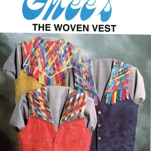 May include: Three vests with colorful woven trim. The vests are made of different materials, including suede and denim. The trim is made of strips of fabric that are woven together to create a geometric pattern. The vests are all different colors, including red, blue, and brown.