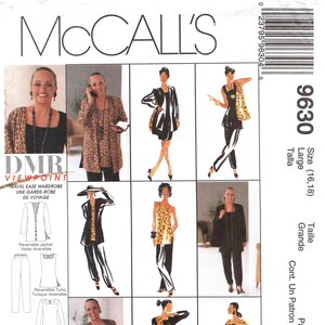 May include: A sewing pattern for a travel wardrobe, featuring a reversible jacket, tunic, and scarf. The pattern is for sizes 16-18 and is available in both large and grande sizes. The pattern is from McCall's and is called "DMR Viewpoint Travel Ease Wardrobe".