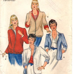 May include: A Butterick 4297 sewing pattern envelope for sizes 18-20-22. The illustration displays four jacket variations: a solid red zip-up, a beige zip-up with red trim, a white speckled jacket, and a blue and white striped blazer with white lapels.