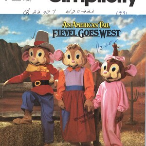May include: Simplicity pattern featuring three costumed characters from "An American Tail: Fievel Goes West." The characters are dressed in Western-themed outfits, with one wearing a cowboy hat. The pattern is size A, for sizes 3-8.