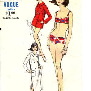 May include: A vintage Vogue sewing pattern envelope 6447 featuring illustrations of a two-piece swimsuit with a red and blue floral pattern, a red double-breasted jacket, and a long white double-breasted coat with a collar and front pockets.