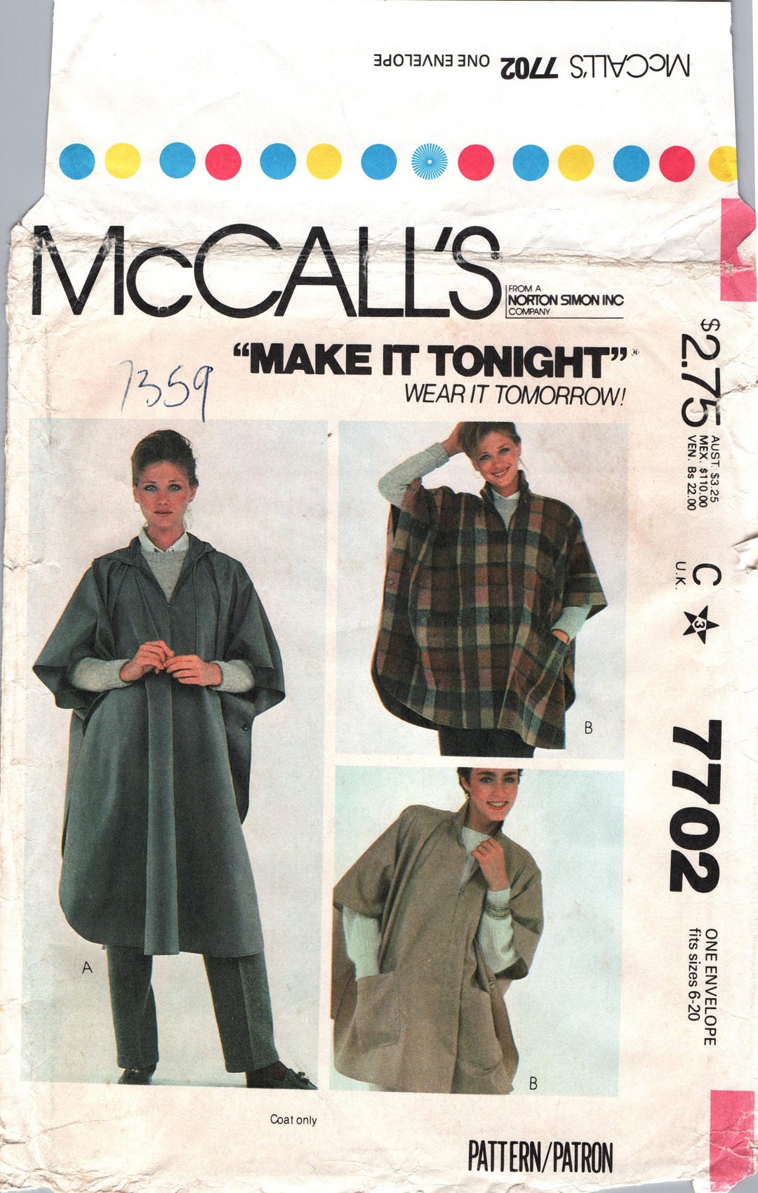 Mccalls 7702 Misses' Poncho Sewing Pattern Size 6 - 20 FF - Etsy
