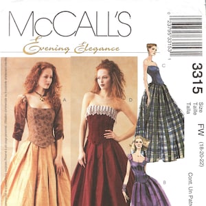 May include: McCall's 3315 Evening Elegance sewing pattern envelope featuring illustrations of four different gown styles. The designs include a square-neck bodice with three-quarter sleeves, a strapless bodice with lace trim, a plaid skirt, and a purple gown.