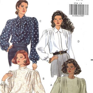 Puede incluir: El patrón Butterick 5714 presenta ilustraciones de cuatro blusas diferentes. Las blusas incluyen una blusa de lunares, una camisa blanca abotonada, una blusa color crema y una blusa verde salvia. El patrón es talla 6-8-10.