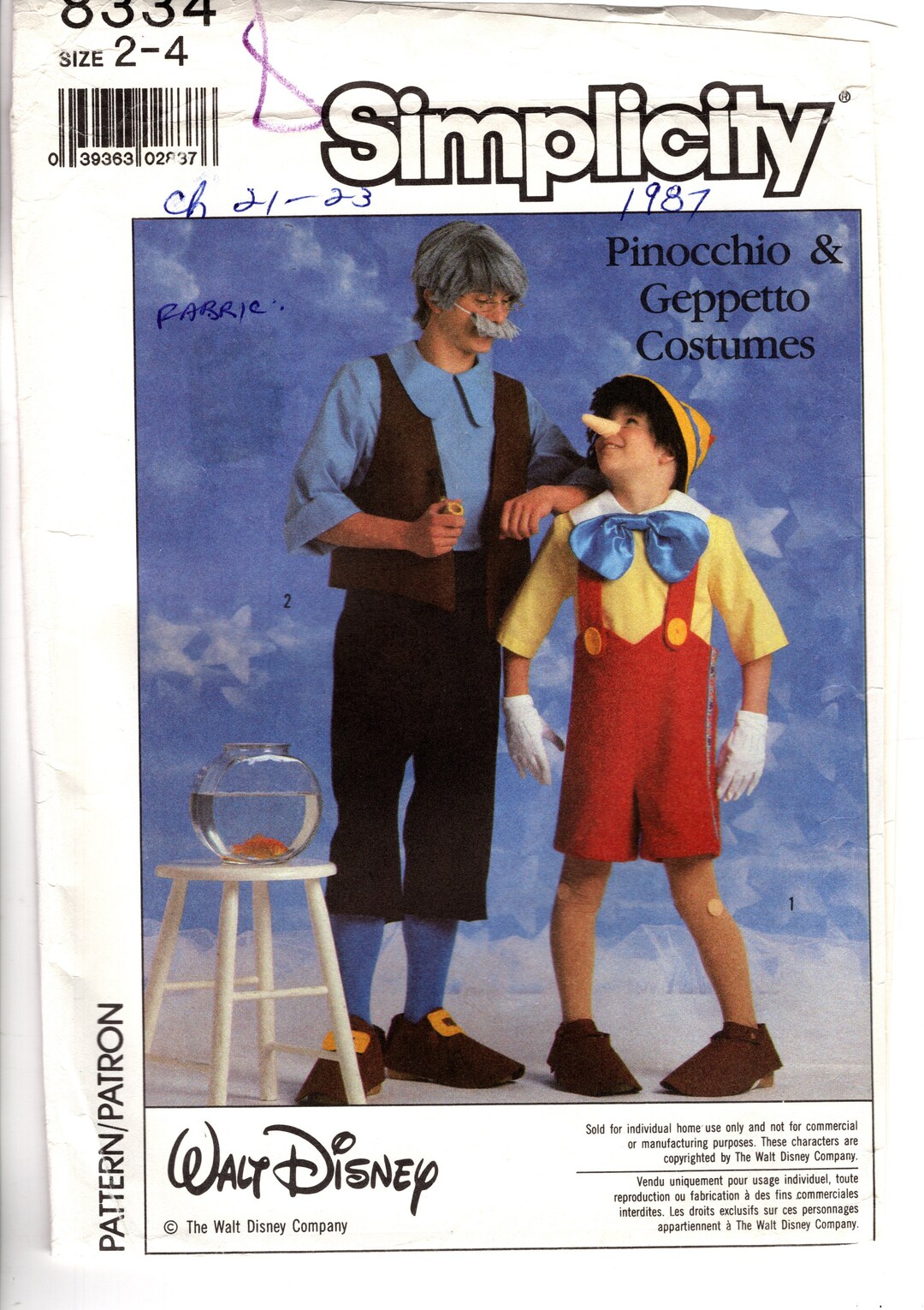 Pattern For Pinocchio Overalls Pinocchio & Geppetto Costume Sewing Pattern, Simplicity 8334 (size 2-4 ...
