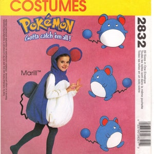 May include: McCall's Costumes pattern for a Marill Pokémon costume. The pattern shows a child in the blue and white costume with red accents. The packaging includes the Pokémon logo and the text "Gotta catch 'em all!" and the pattern number 2832.