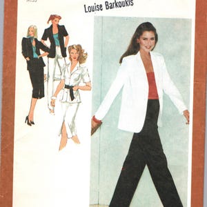 May include: Simplicity sewing pattern 9314 featuring designs by Louise Barkoukis. The cover shows illustrations of women's fashion, including a white blazer, black pants, and a white skirt suit. The size is 10 Miss.