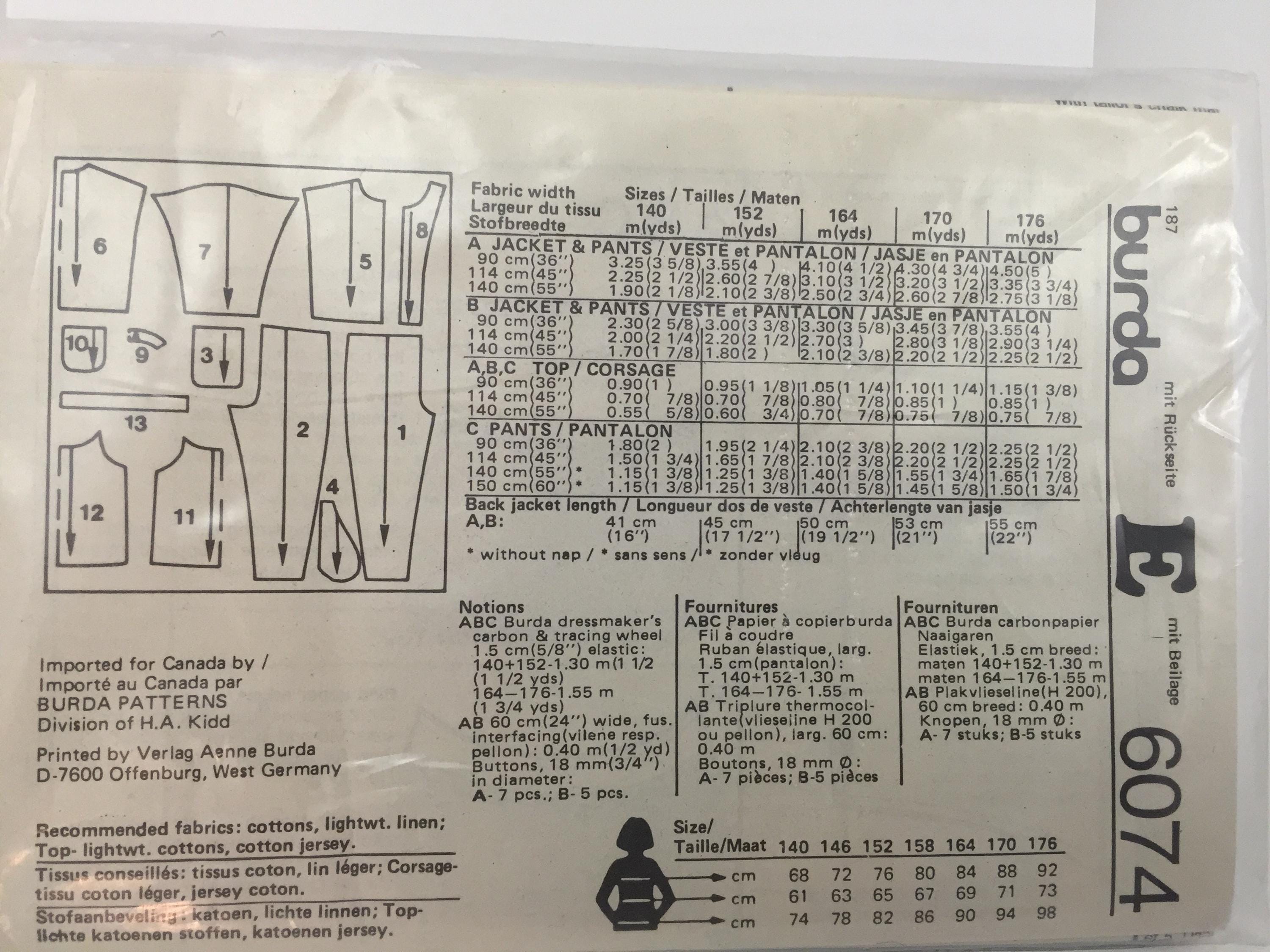 Burda Pattern Sizing Burda 6074 Child's Shirt, Pants, Jacket Sewing Pattern Size: 10 to 15 ...