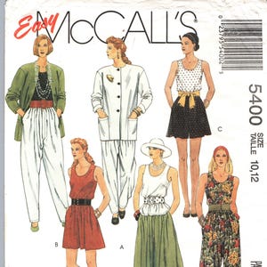 May include: McCall's sewing pattern envelope featuring illustrations of various women's outfits. The outfits include a green jacket and white pants, a white suit, a polka dot top and shorts, a red dress, a white top and green skirt, and floral pants.