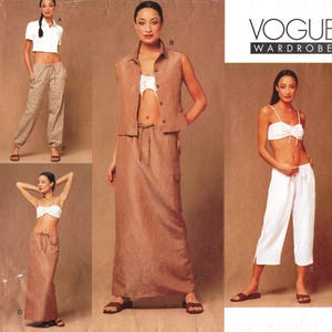 May include: Vogue Wardrobe pattern 2426 for sizes 6-8-10. The image shows a woman modeling various outfits, including a crop top, pants, skirt, and vest. The outfits are in neutral tones.