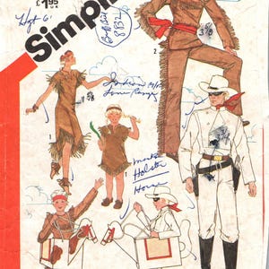 May include: A Simplicity 5298 sewing pattern envelope featuring illustrations of costumes for The Lone Ranger and Native American-inspired outfits. The designs include fringed brown garments, a white shirt and pants set, and horse props.