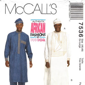 May include: McCall's sewing pattern 7536 featuring authentic African fashions. The pattern includes designs for two outfits: a blue ensemble with gold trim and a white outfit with gold geometric detailing. Size: Ex-Large.