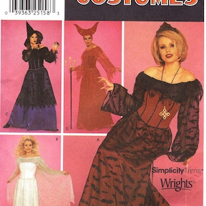 Puede incluir: Patrón de disfraces Simplicity con diseños de disfraces de Halloween. La imagen muestra una bruja, un diablo y otros personajes con vestidos largos. El patrón incluye tallas 14, 16, 18 y 20. Medidas en cm.