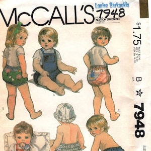 May include: McCall's 7948 sewing pattern for babies and toddlers. The pattern features illustrations of children in various outfits, including overalls, bloomers, and a sun hat. The pattern size is small.