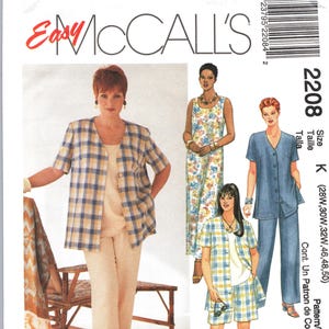 May include: A McCall's 2208 sewing pattern envelope featuring illustrations of various outfits including a plaid jacket, solid top, pants, shorts, and a floral dress. The text includes Easy McCall's, 2208, Size K, and Womanstyle.