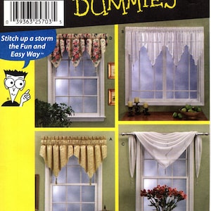 May include: Simplicity sewing pattern for window treatments. The pattern includes instructions for various curtain styles, including valances and drapes. The cover features images of finished window treatments and the text "FOR DUMMIES".
