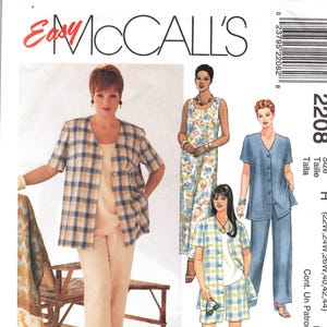 May include: McCall's 2208 sewing pattern envelope featuring illustrations of a plaid button-down shirt, a solid-colored tank top, long trousers, shorts, and a sleeveless dress. The text includes McCall's, 2208, Womanstyle, and Petite-Able.