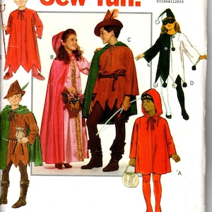 Puede incluir: Un patrón de costura Butterick vintage con disfraces infantiles. La imagen muestra varios diseños de disfraces, incluyendo un diablo, una princesa, Robin Hood, un bufón y Caperucita Roja. Los textos "Sew fun!" y "Points joyeux!" son visibles.