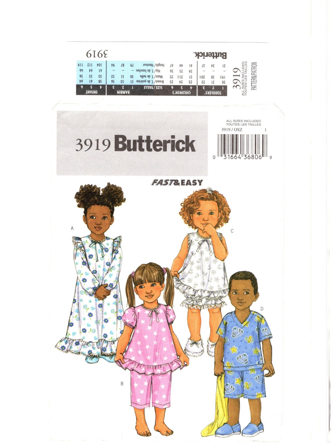 Butterick 3919 Childs Pajamas Sewing Pattern Size 1- 4 FF - Etsy