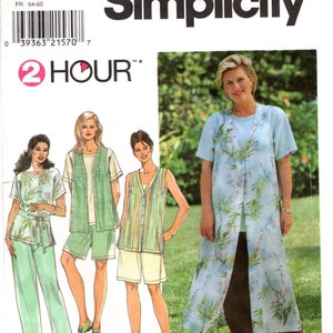 May include: Simplicity sewing pattern 8135 featuring women's clothing designs. The pattern includes options for a long duster, shorts, pants, and tops. The cover art shows illustrations of the finished garments in various colors and patterns. The text "2 Hour" is also visible.