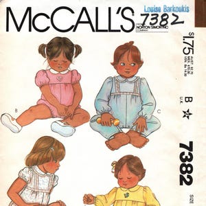 May include: McCall's pattern 7382, featuring illustrations of four babies in various outfits. The babies are depicted in pink, blue, white, and yellow clothing. The pattern is labeled "SMALL" and includes the designer's name.